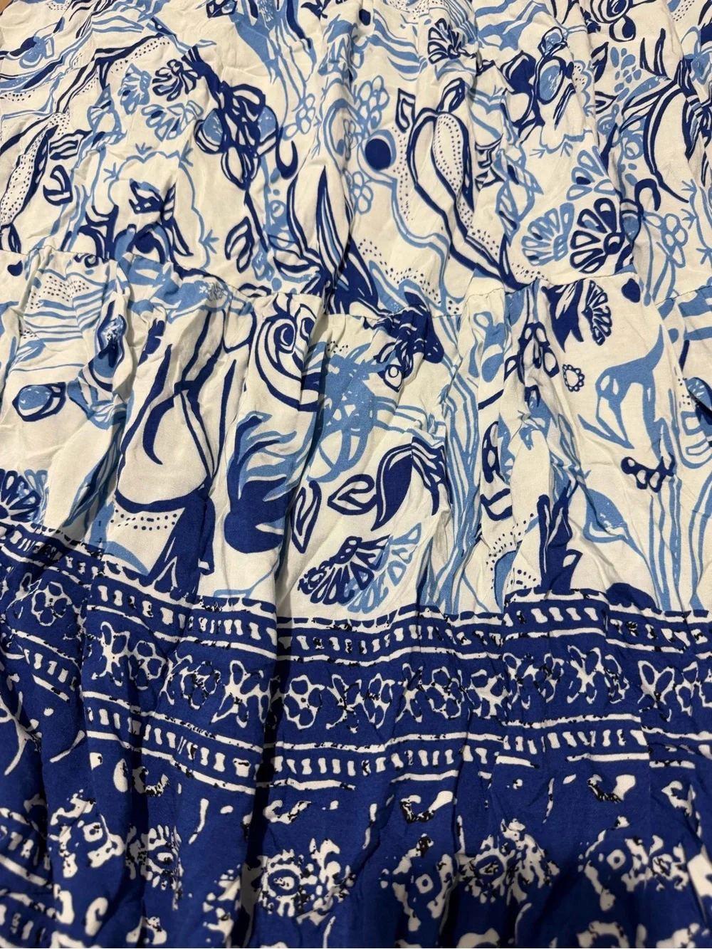 Women's Blue & White Floral Tiered Maxi Skirt